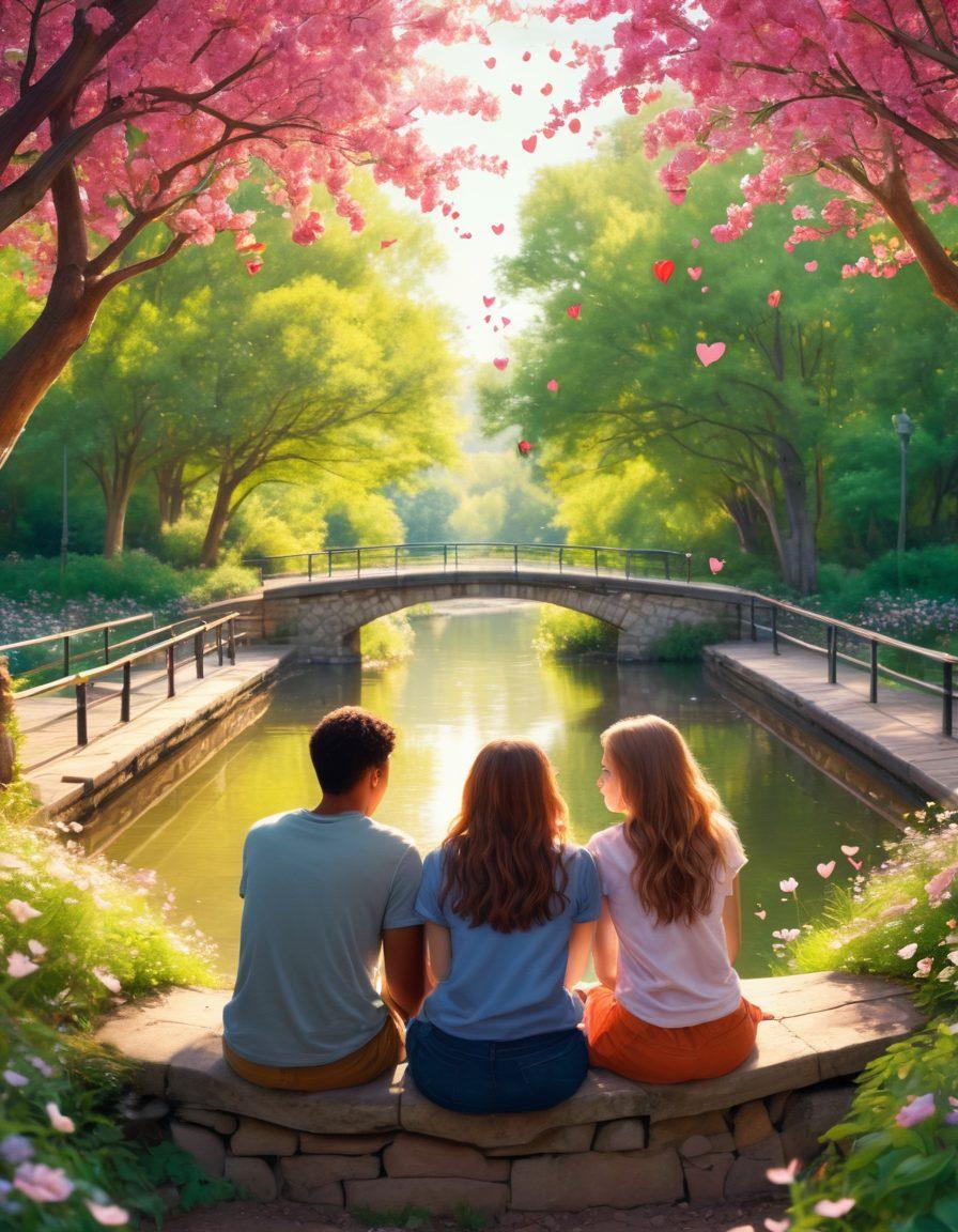 A vibrant scene depicting a diverse group of teens sitting in a park, engaged in deep conversation about love and relationships, surrounded by blooming flowers and soft sunlight filtering through the trees. Expressions of curiosity and empathy on their faces, with doodles of hearts and question marks floating around them, symbolizing their thoughts on romance. The background showcases a bridge symbolizing connection and growth. super-realistic. vibrant colors. soft bokeh effect.
