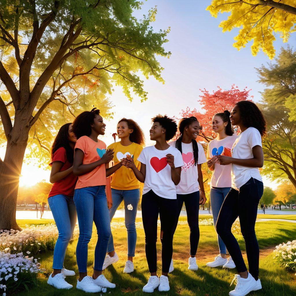 A vibrant scene capturing a diverse group of teenagers joyfully navigating a park, engaged in conversations and sharing laughter, surrounded by blooming flowers and colorful trees. Each teen holds a symbol of love, such as hearts or flowers, that represents empowerment in relationships. The background should depict a warm sunset casting golden light, creating a romantic atmosphere. super-realistic. vibrant colors. 3D.